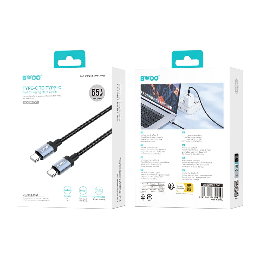 USB-C Data and Charging Cable - USB-C BWOO BO-X401CC, 65W, 1m, Black