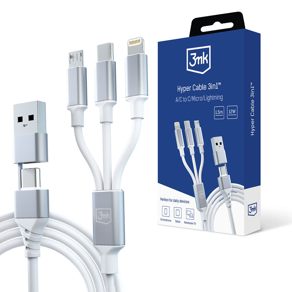 Καλώδιο Φόρτισης USB-A / USB-C - Lightning / microUSB / USB-C 3MK Hyper 3in1, 12W, 1.5m, Λευκό