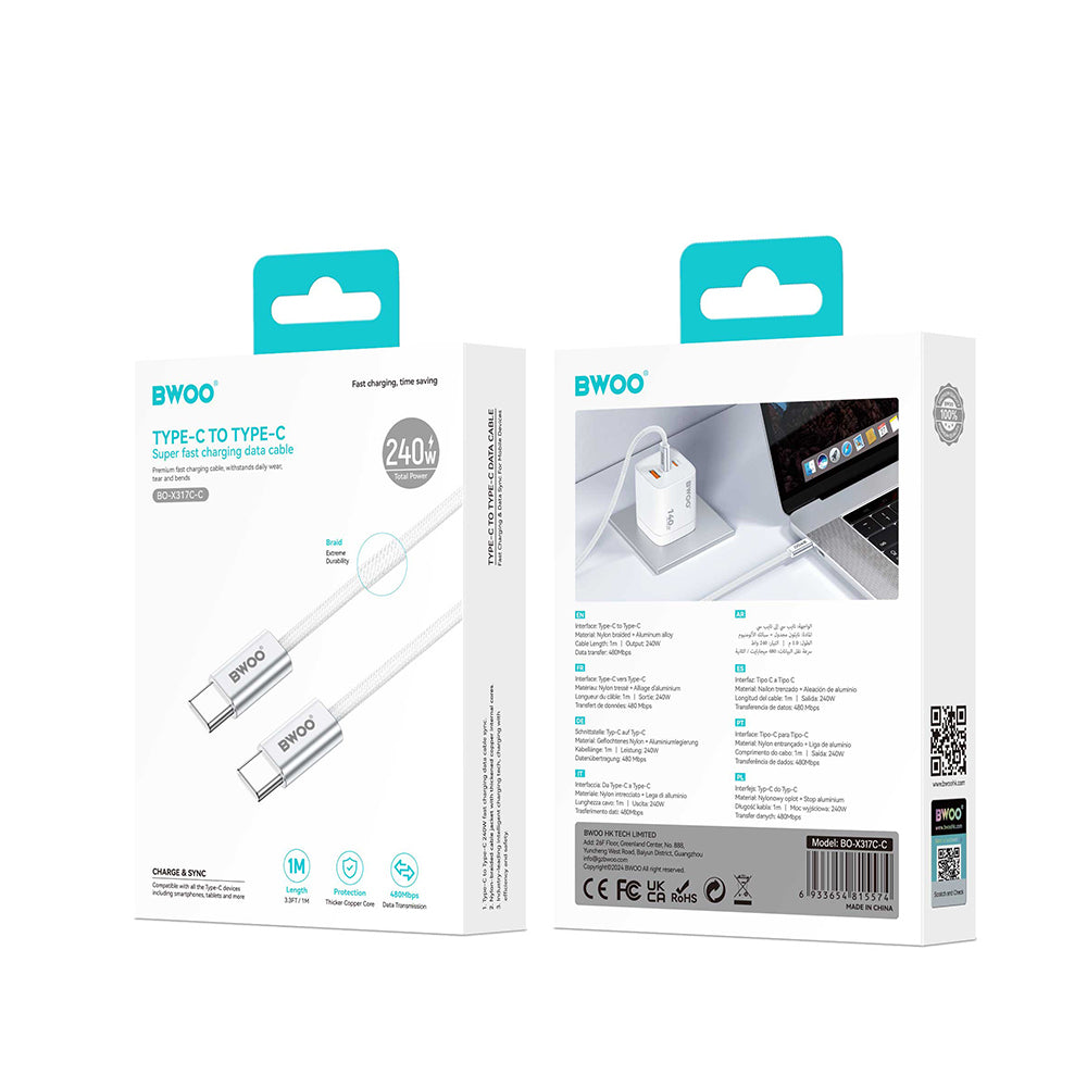 Καλώδιο Δεδομένων και Φόρτισης USB-C - USB-C BWOO BO-X317C, 240W, 1m, Λευκό