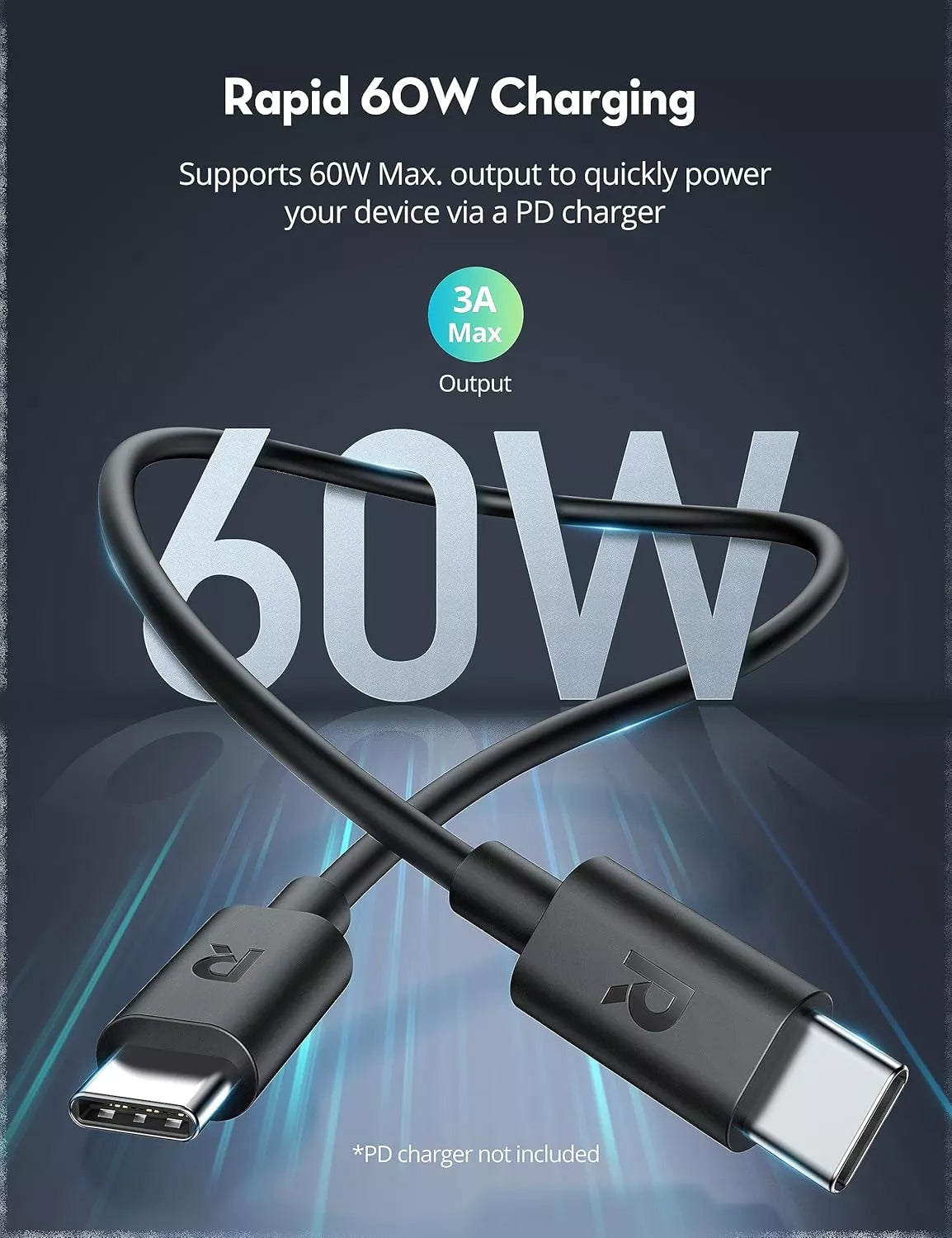 USB-C Data and Charging Cable - USB-C RavPower RP-CB1022, 60W, 2m, Black