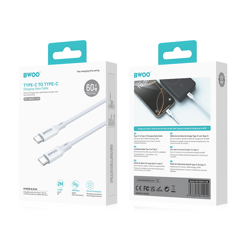 Καλώδιο Δεδομένων και Φόρτισης USB-C - USB-C BWOO BO-X283CC-2M, 60W, 2μ, Λευκό