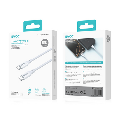 Καλώδιο Δεδομένων και Φόρτισης USB-C - USB-C BWOO BO-X283CC-2M, 60W, 2μ, Λευκό