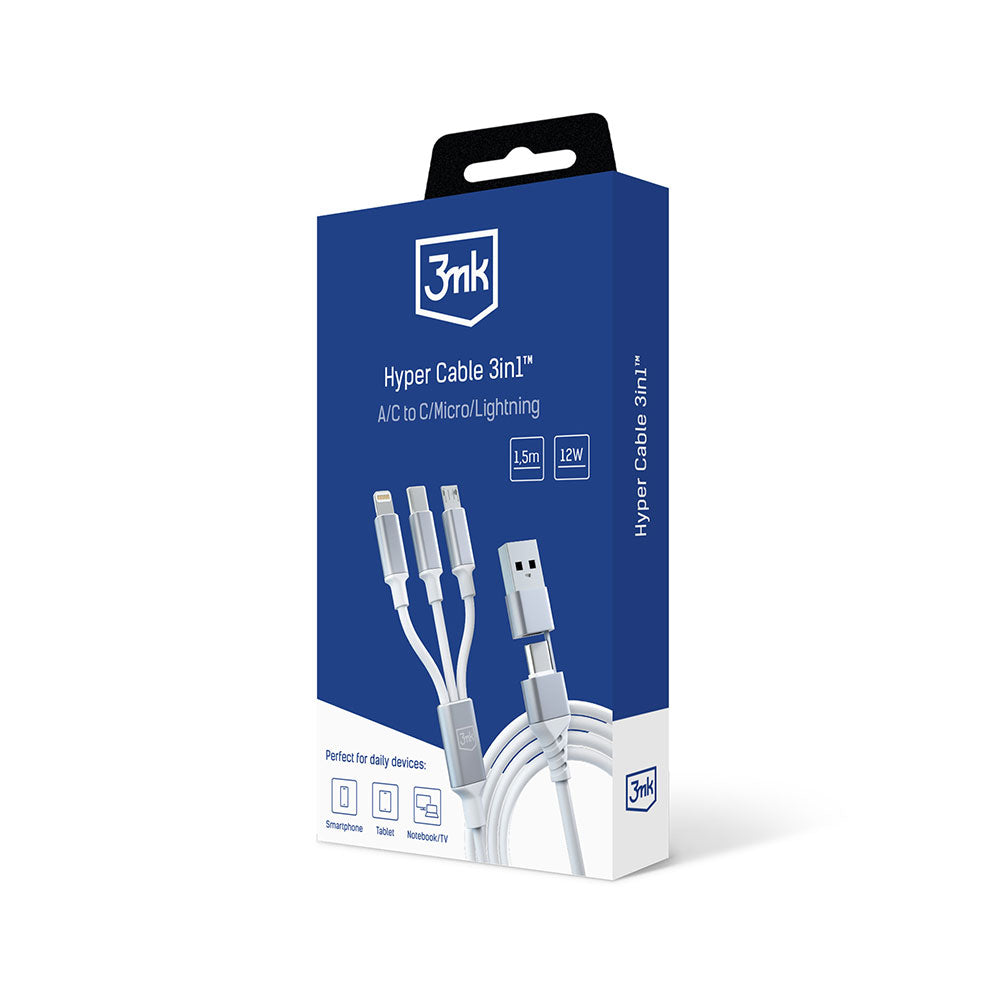 Καλώδιο φόρτισης USB-A / USB-C - Lightning / microUSB / USB-C 3MK Hyper 3in1, 12W, 1.5m, Λευκό 