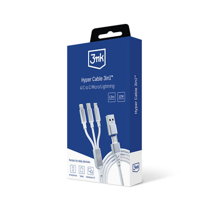 Καλώδιο Φόρτισης USB-A / USB-C - Lightning / microUSB / USB-C 3MK Hyper 3in1, 12W, 1.5m, Λευκό