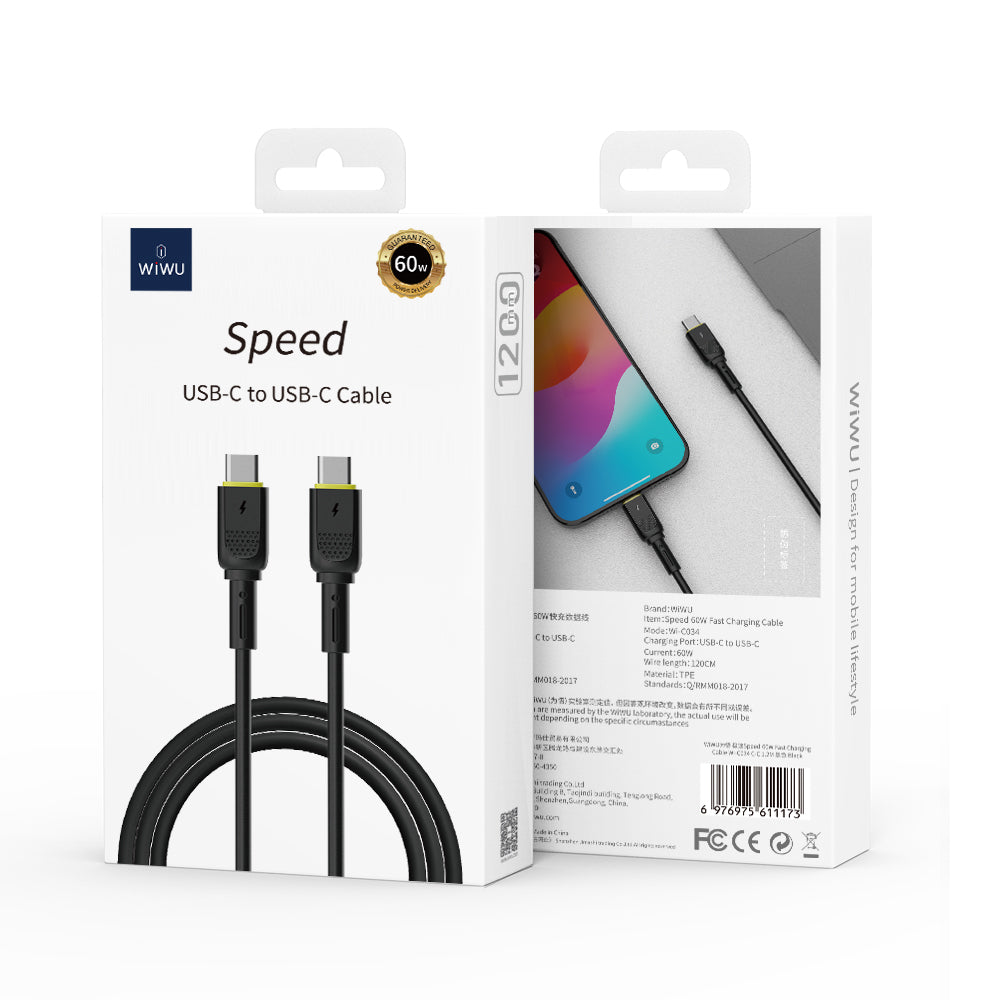 Καλώδιο Δεδομένων και Φόρτισης USB-C - USB-C WiWu Wi-C034, 60W, 1.2m, Μαύρο