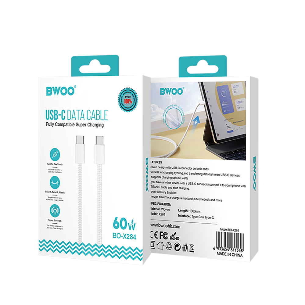 Καλώδιο Δεδομένων και Φόρτισης USB-C - USB-C BWOO BO-X284, 60W, 1m, Λευκό