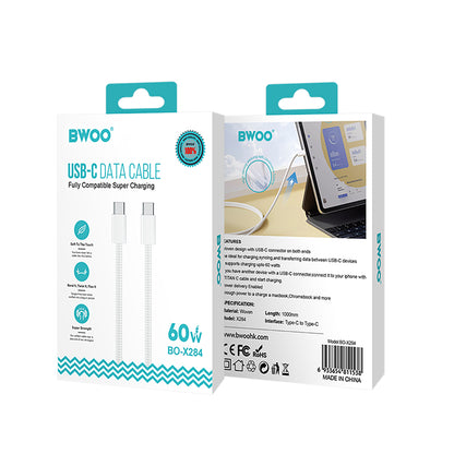 Καλώδιο Δεδομένων και Φόρτισης USB-C - USB-C BWOO BO-X284, 60W, 1m, Λευκό