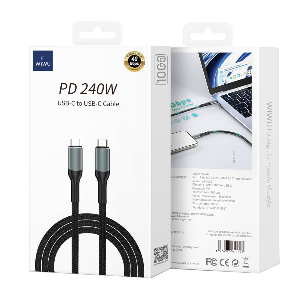 Καλώδιο Δεδομένων και Φόρτισης USB-C - USB-C WiWu Wi-C036, 240W, 1m, Μαύρο