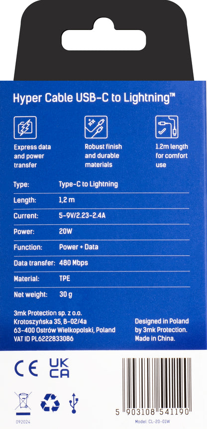 Καλώδιο Δεδομένων και Φόρτισης USB-C - Lightning 3MK Hyper, 20W, 1.2m, Λευκό