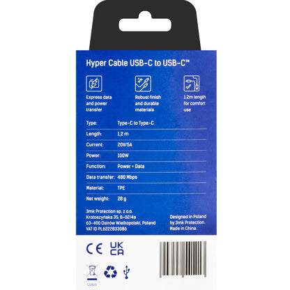 Καλώδιο Δεδομένων και Φόρτισης USB-C - USB-C 3MK Hyper, 100W, 1.2m, Μαύρο