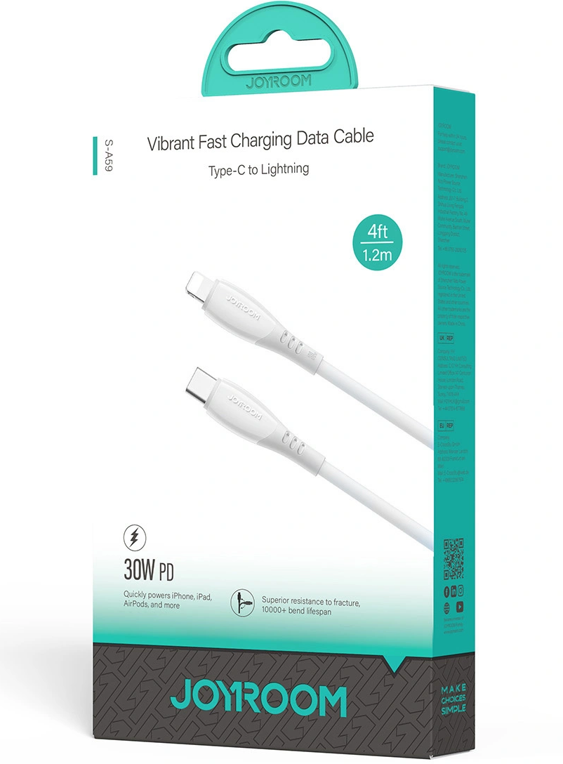 Καλώδιο Δεδομένων και Φόρτισης USB-C - Lightning Joyroom S-A59 Vibrant, 30W, 1.2m, Λευκό