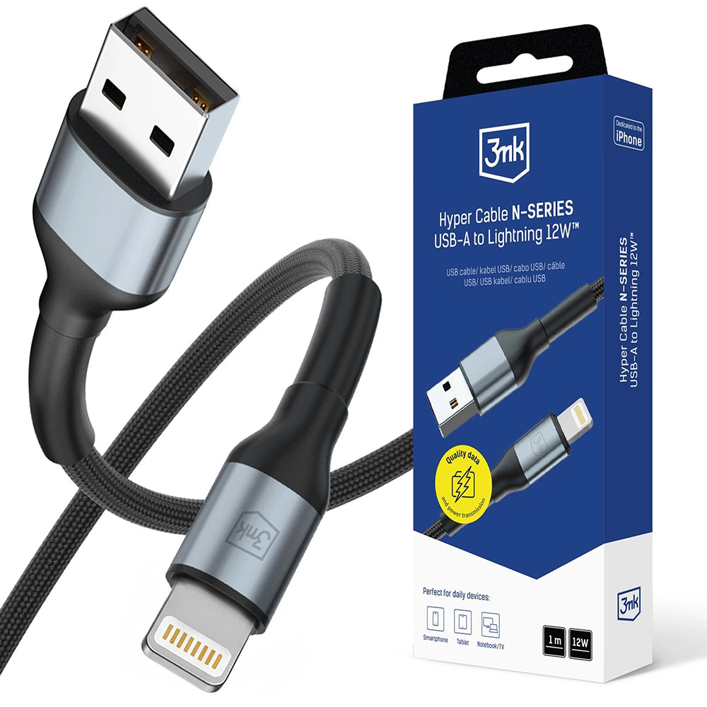 Καλώδιο Δεδομένων και Φόρτισης USB-A - Lightning 3MK Hyper N, 12W, 1m, Μαύρο