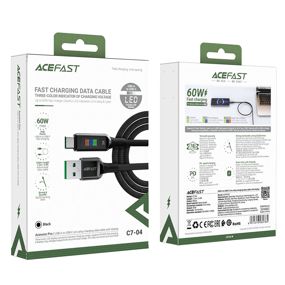 Καλώδιο Δεδομένων και Φόρτισης USB-A - USB-C Acefast C7-04, 18W, 1.2m, Μαύρο
