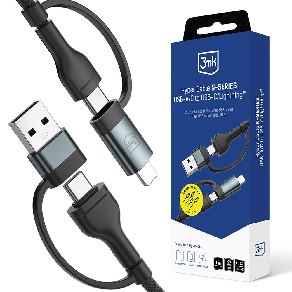 Καλώδιο Δεδομένων και Φόρτισης USB-A / USB-C - USB-C / Lightning 3MK Hyper N, 60W, 1.2m, Μαύρο