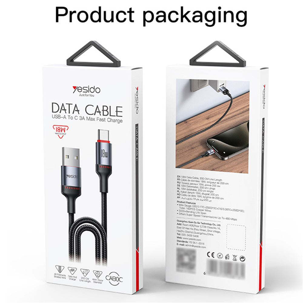 USB-A to USB-C Data and Charging Cable Yesido CA130C, 18W, 2m, Black