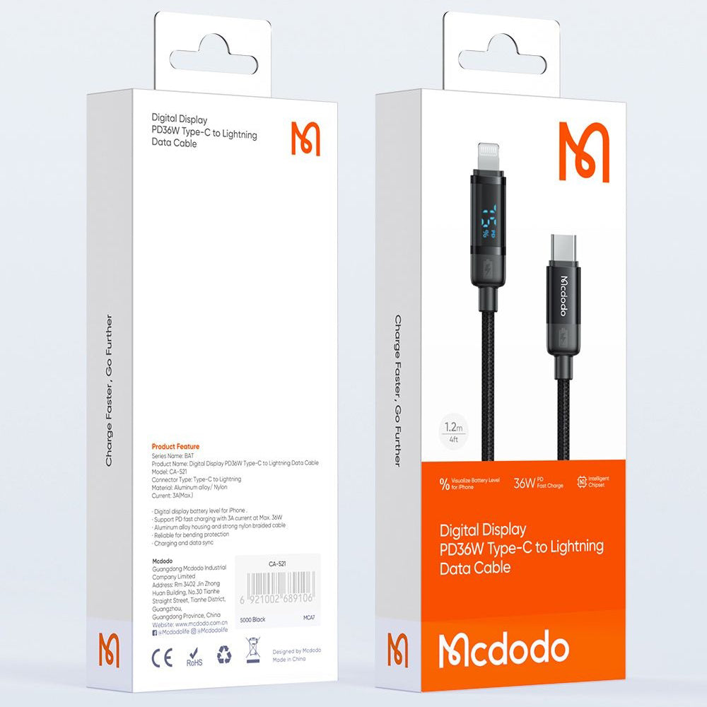 Καλώδιο Δεδομένων και Φόρτισης USB-C - Lightning McDodo CA-5210 Bat Display, 36W, 1.2m, Μαύρο