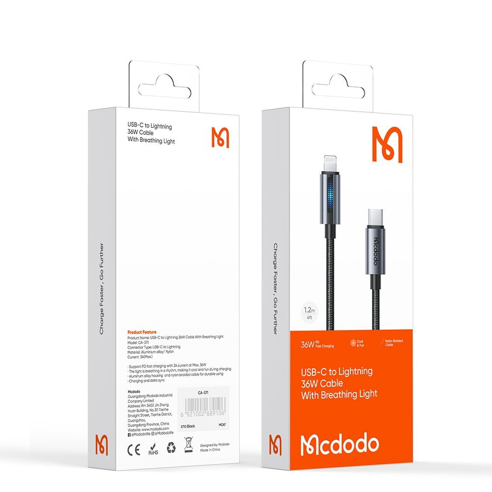 Καλώδιο Δεδομένων και Φόρτισης USB-C - Lightning McDodo CA-5710, 36W, 1.2m, Μαύρο