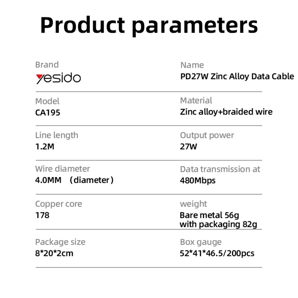 Καλώδιο Δεδομένων και Φόρτισης USB-C - Lightning Yesido CA195, 27W, 1.2m, Μαύρο