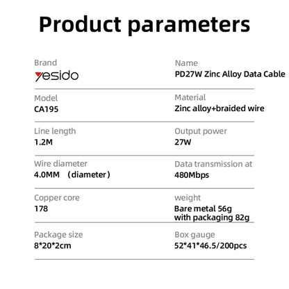 Καλώδιο Δεδομένων και Φόρτισης USB-C - Lightning Yesido CA195, 27W, 1.2m, Μαύρο