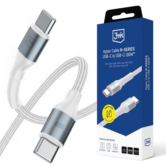 Καλώδιο Δεδομένων και Φόρτισης USB-C - USB-C 3MK Hyper N, 100W, 1m, Λευκό