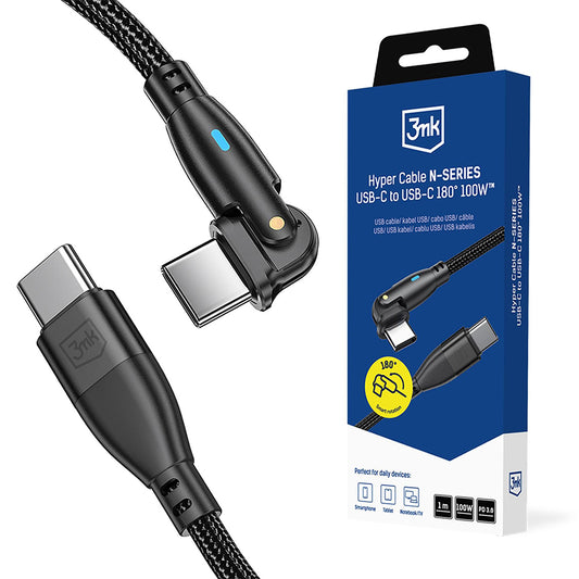 Καλώδιο Δεδομένων και Φόρτισης USB-C - USB-C 3MK Hyper N Γωνιακό, 100W, 1μ, Μαύρο