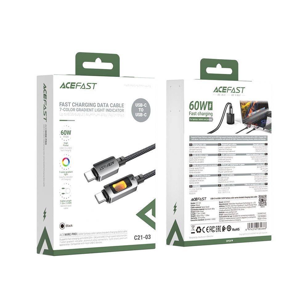 Καλώδιο Δεδομένων και Φόρτισης USB-C - USB-C Acefast C21-03, 60W, 1.2m, Μαύρο