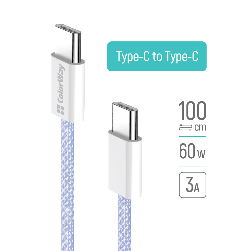 Καλώδιο Δεδομένων και Φόρτισης USB-C - USB-C ColorWay CW-CBPDCC061, 60W, 1m, Μωβ
