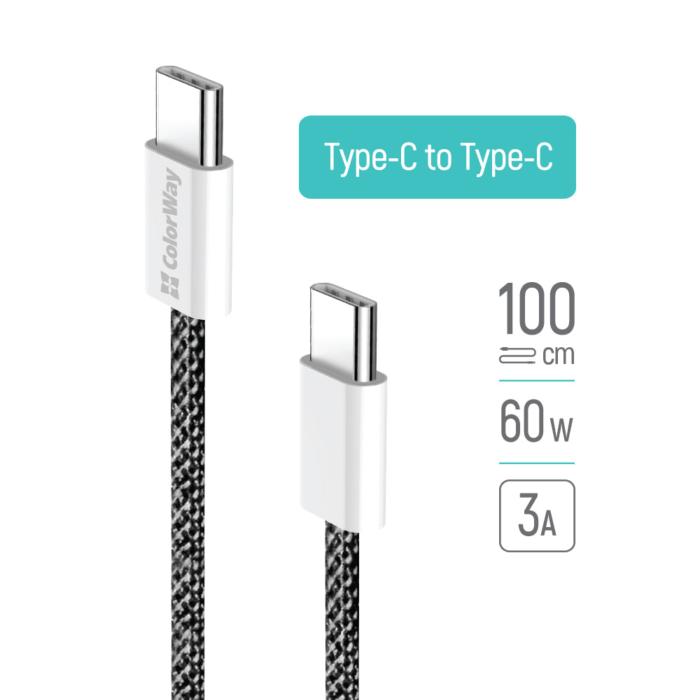 Καλώδιο Δεδομένων και Φόρτισης USB-C - USB-C ColorWay CW-CBPDCC061, 60W, 1m, Μαύρο