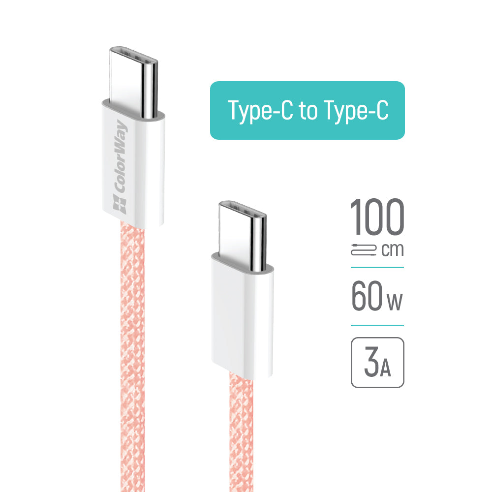 Καλώδιο Δεδομένων και Φόρτισης USB-C - USB-C ColorWay CW-CBPDCC061, 60W, 1m, Ροζ