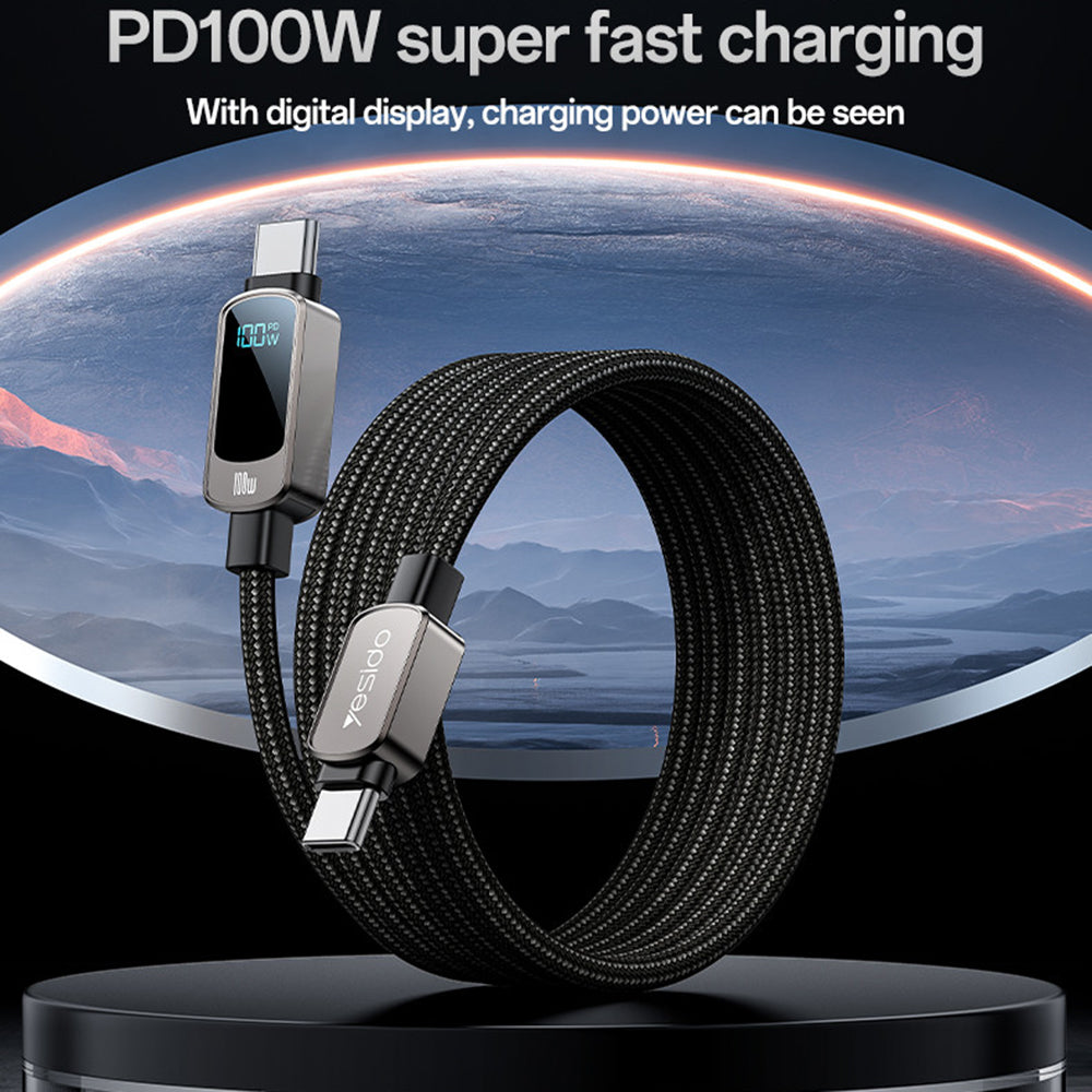 Καλώδιο Δεδομένων και Φόρτισης USB-C - USB-C Yesido CA179 Display, 100W, 1.2m, Μαύρο
