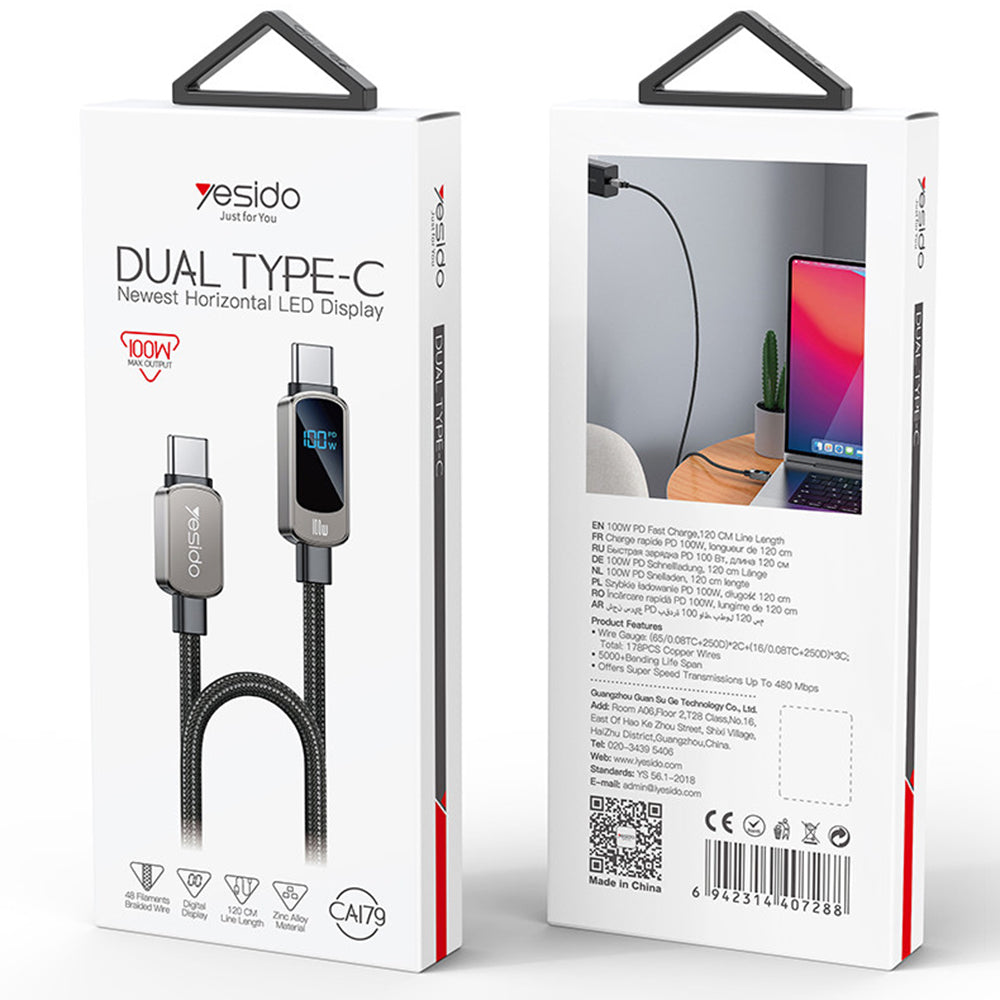 Καλώδιο Δεδομένων και Φόρτισης USB-C - USB-C Yesido CA179 Display, 100W, 1.2m, Μαύρο