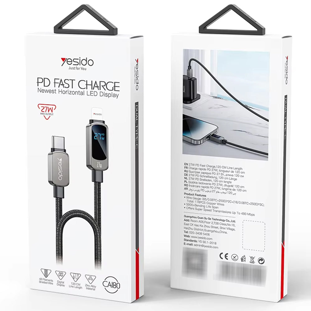 Καλώδιο Δεδομένων και Φόρτισης USB-C - USB-C Yesido CA180 Display, 27W, 1.2m, Μαύρο