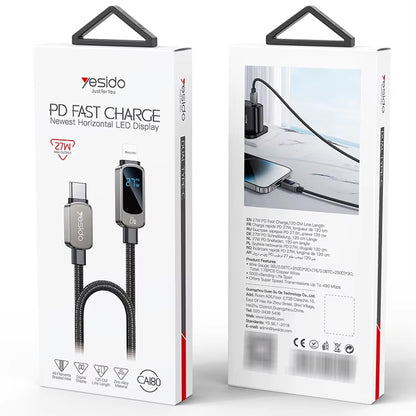 Καλώδιο Δεδομένων και Φόρτισης USB-C - USB-C Yesido CA180 Display, 27W, 1.2m, Μαύρο