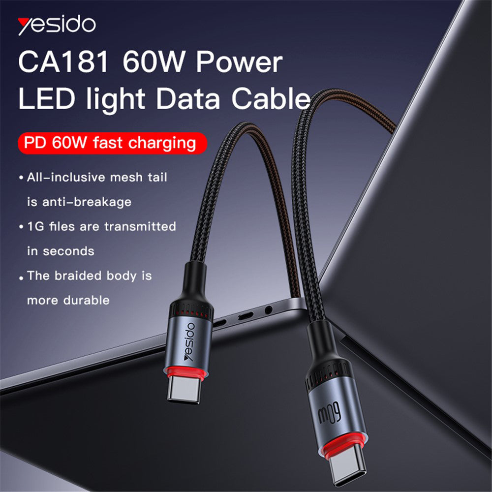 Καλώδιο Δεδομένων και Φόρτισης USB-C - USB-C Yesido CA181, 60W, 1.2m, Μαύρο
