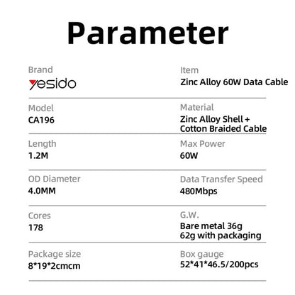 Καλώδιο Δεδομένων και Φόρτισης USB-C - USB-C Yesido CA196, 60W, 1.2m, Μαύρο