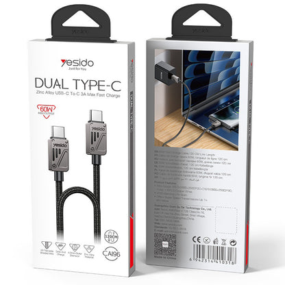 Καλώδιο Δεδομένων και Φόρτισης USB-C - USB-C Yesido CA196, 60W, 1.2m, Μαύρο