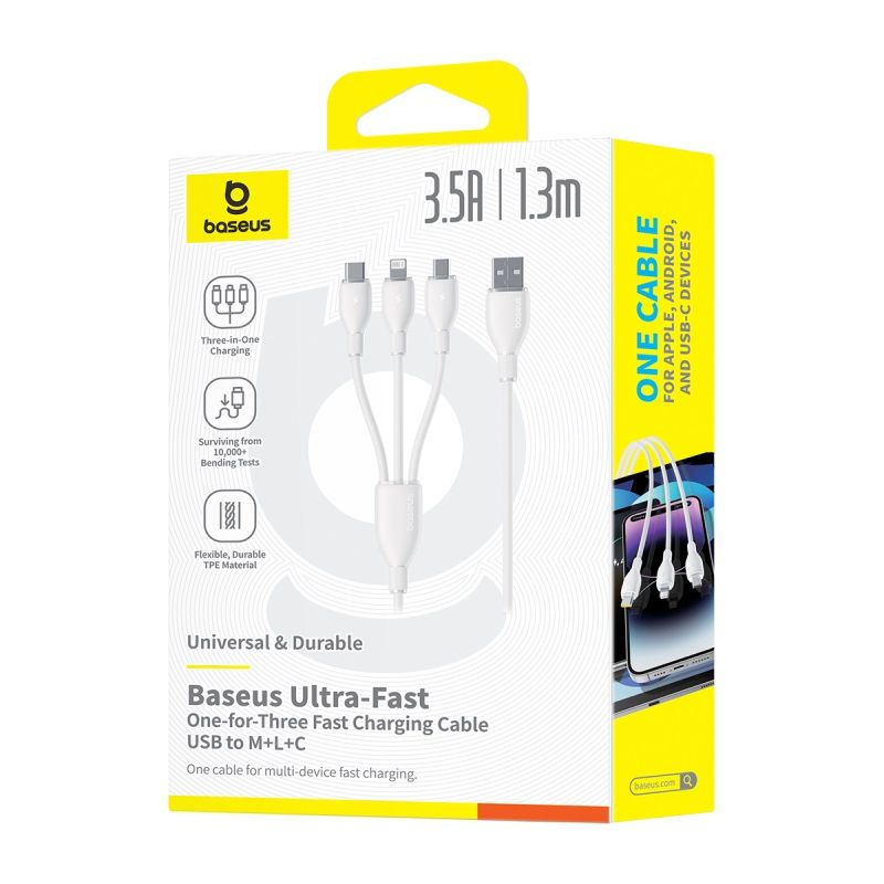 Καλώδιο Φόρτισης USB-A - Lightning / microUSB / USB-C Baseus Ultra Fast 3in1, 18W, 1.3m, Λευκό P10376303211-00