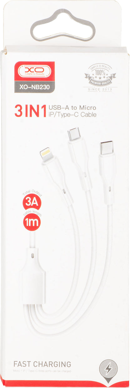 Καλώδιο Φόρτισης USB-A - Lightning / microUSB / USB-C XO Design NB230 3σε1, 20W, 1m, Λευκό