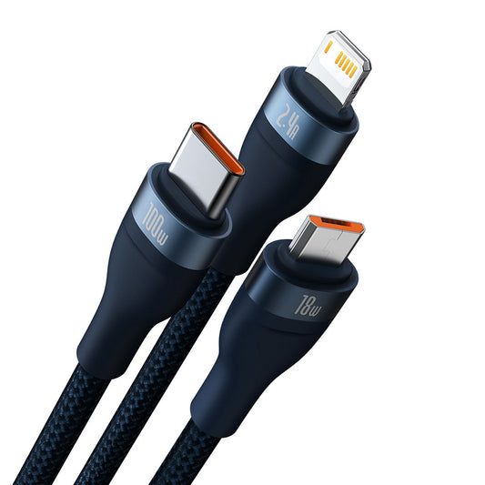 Καλώδιο Φόρτισης USB-A - Lightning / microUSB / USB-C Baseus Flash Series II 3in1, 100W, 1.2m, Μπλε CASS030003