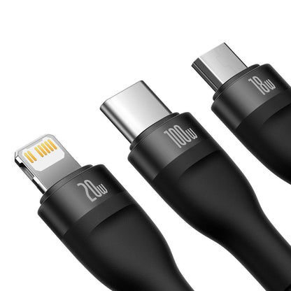 Καλώδιο φόρτισης Baseus Flash Series II 3in1 USB-A / USB-C - Lightning / microUSB / USB-C, 100W, 1.2m, μαύρο CASS0301010101