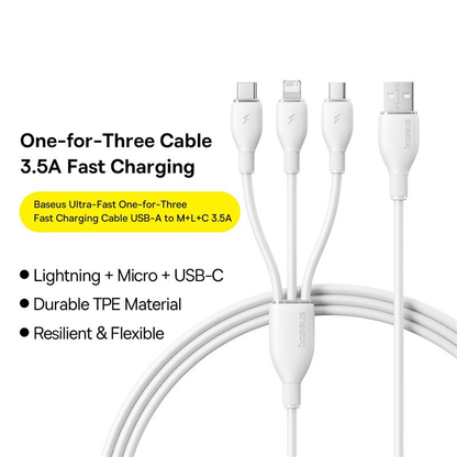 Καλώδιο Φόρτισης USB-A - Lightning / microUSB / USB-C Baseus Ultra Fast 3in1, 18W, 1.3m, Λευκό P10376303211-00