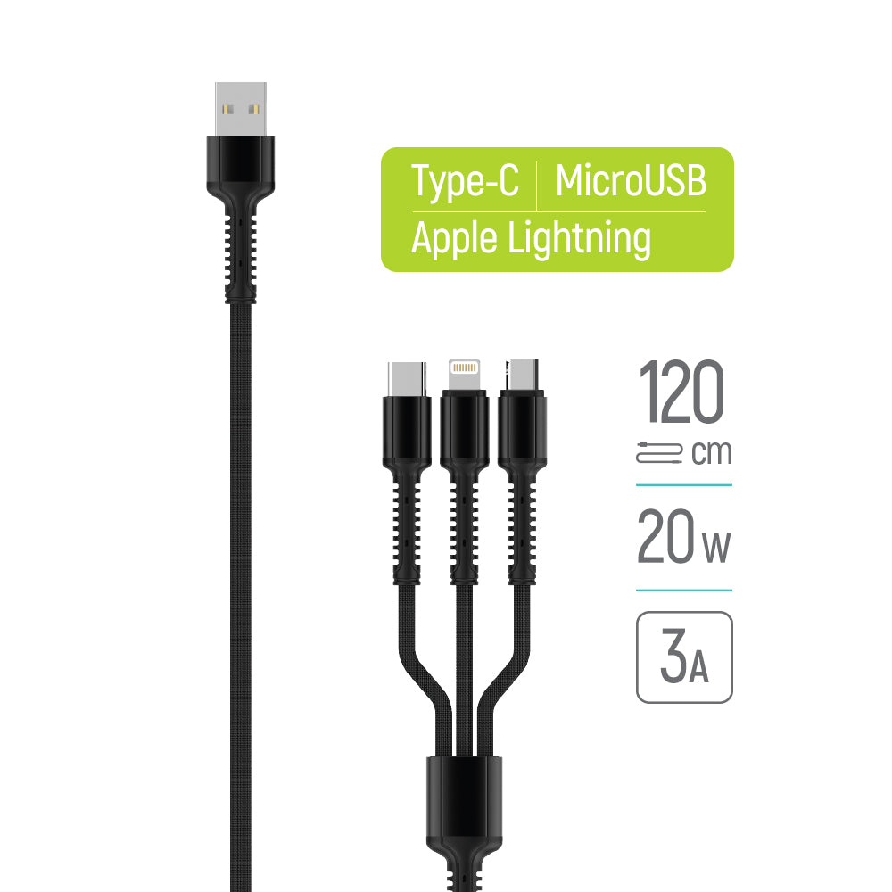 Καλώδιο Φόρτισης USB-A - Lightning / microUSB / USB-C ColorWay CW-CBU3003, 20W, 1.2m, Γκρι