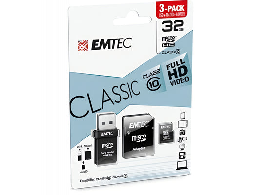 Κάρτα Μνήμης microSDHC Emtec C10 Classic, 32Gb, Κλάση 10, Με Αναγνώστη Κάρτας και Προσαρμογέα ECMSDM32GHC10CGRA2
