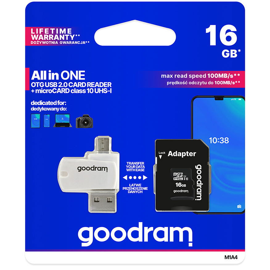 Κάρτα Μνήμης microSDHC GoodRam, 16Gb, Κατηγορία 10 / UHS-1 U1, Με Αναγνώστη Κάρτας και Αντάπτορα M1A4-0160R12