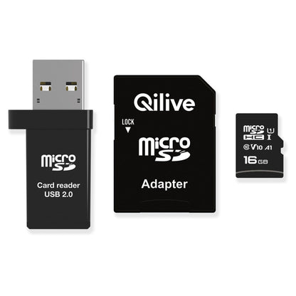 Κάρτα Μνήμης microSDHC Qilive, 16Gb, Κατηγορία 10, Με Αναγνώστη Κάρτας και Αντάπτορα EKMSDM16GHC10QL