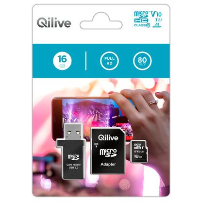 Κάρτα Μνήμης microSDHC Qilive, 16Gb, Κατηγορία 10, Με Αναγνώστη Κάρτας και Αντάπτορα EKMSDM16GHC10QL