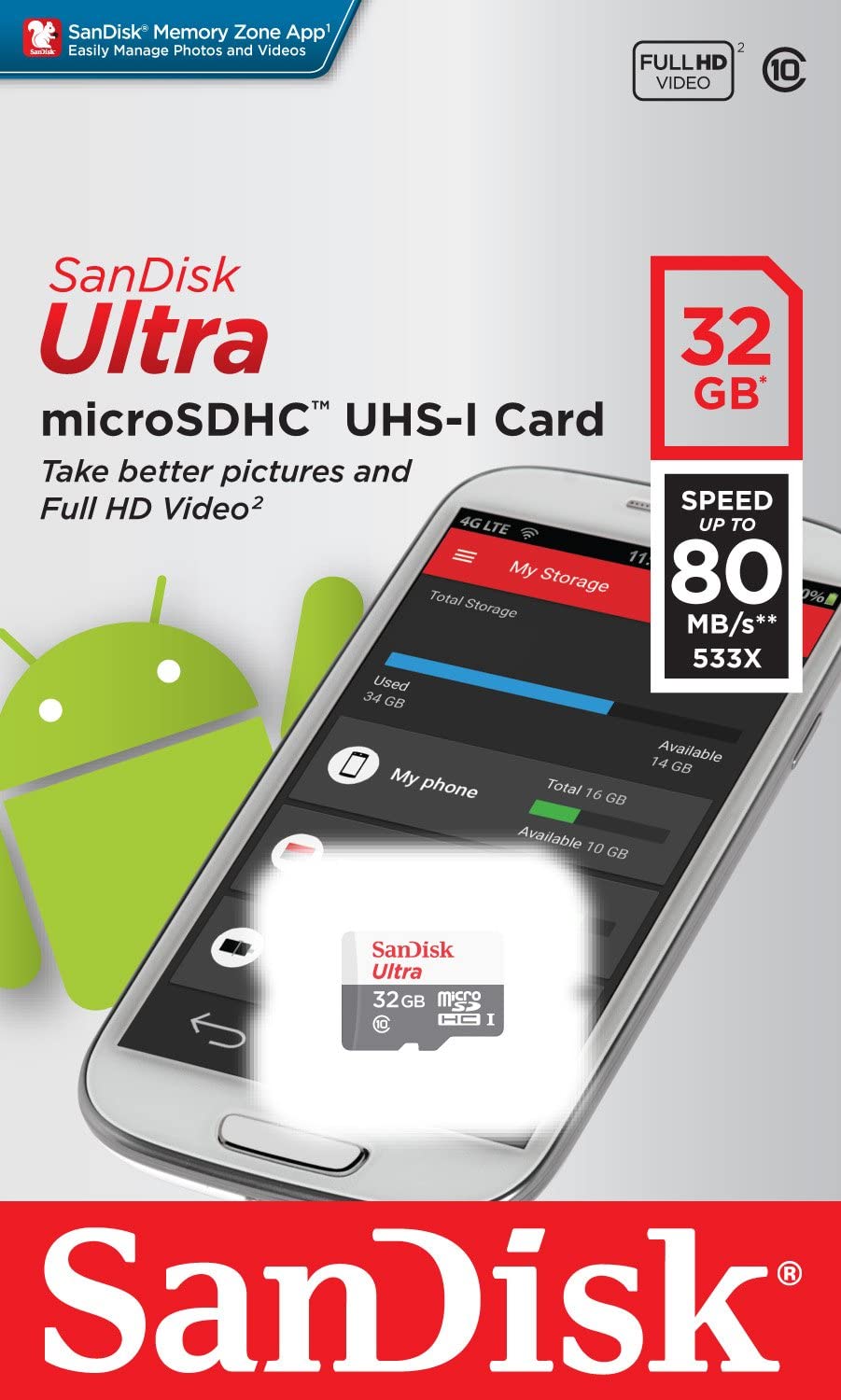 Κάρτα μνήμης SanDisk Ultra Android microSDHC, 32Gb, Class 10 / UHS-1 U1 SDSQUNR-032G-GN3MN SDSQUNR-032G-GN3MN