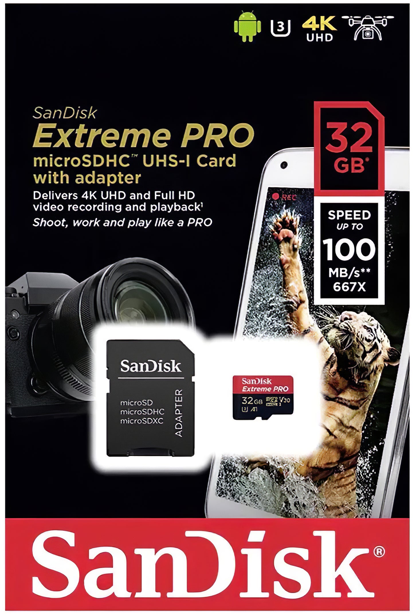 Κάρτα Μνήμης microSDHC SanDisk Extreme Pro, 32Gb, Κλάση 10 / UHS-1 U3, Με Προσαρμογέα SDSQXCG-032G-GN6MA