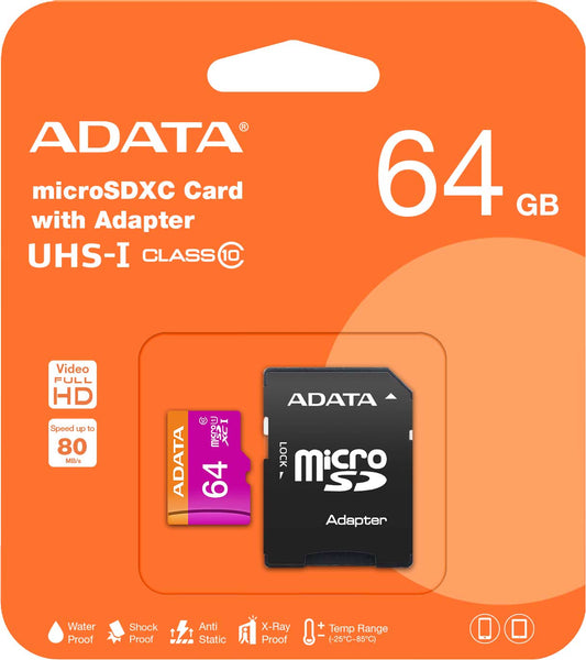 Κάρτα μνήμης Adata microSDXC, 64Gb, Class 10 / UHS-1 U1, με προσαρμογέα AUSDX64GUICL10-RA1