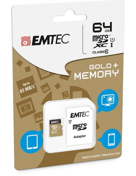 Κάρτα Μνήμης microSDXC Emtec Gold+, 64Gb, Κλάση 10 / UHS-1 U1, Με Προσαρμογέα ECMSDM64GXC10GP